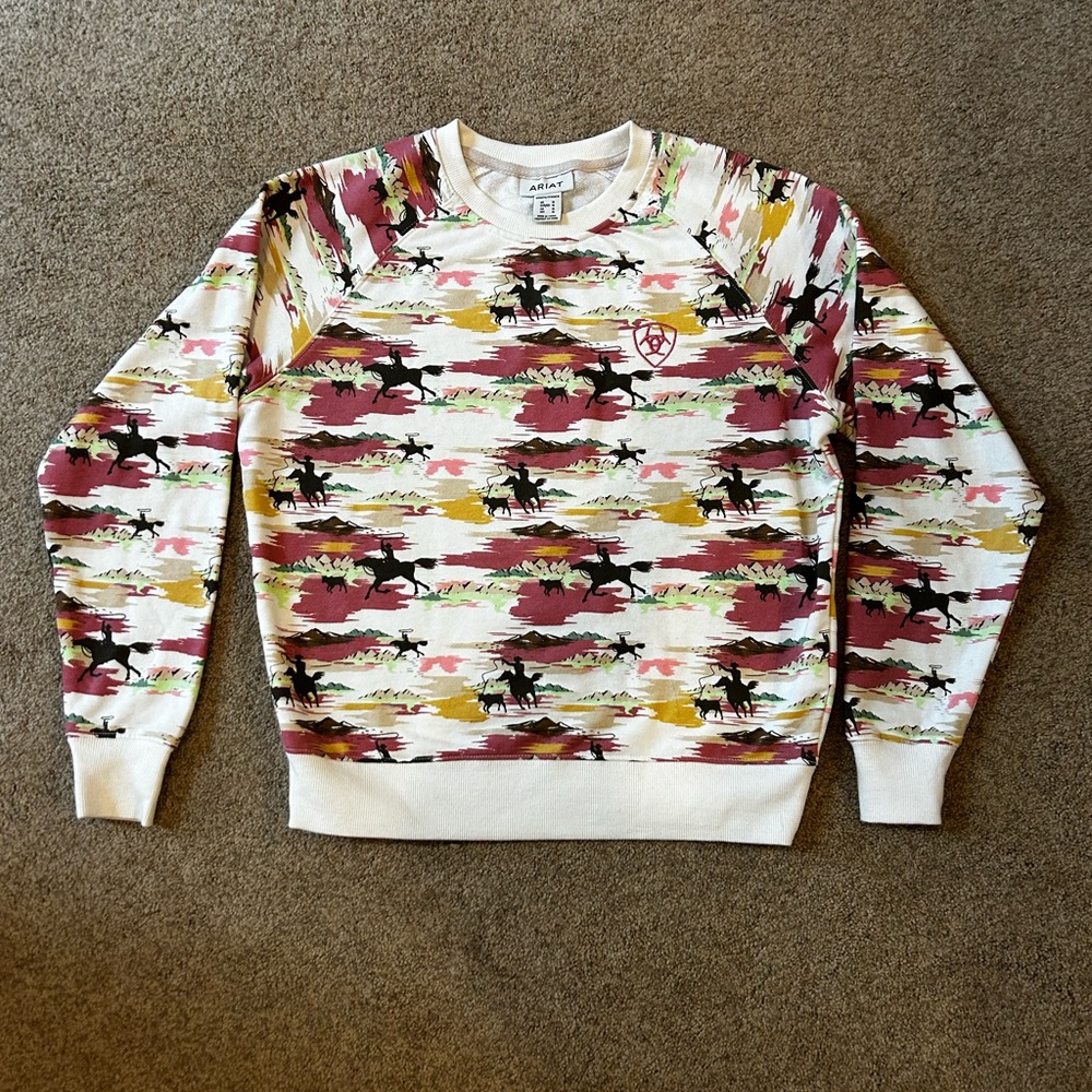 Ariat Women's Cream Sweatshirt with Maroon, Mustard & Black Rodeo Print